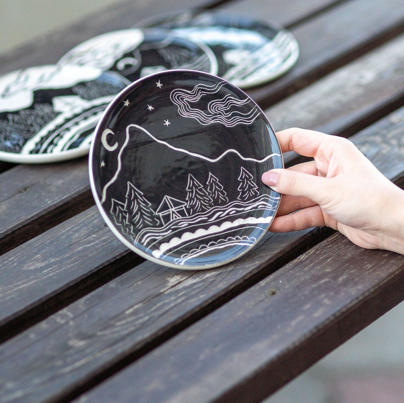Ceramic Dinner Plate, Hand-craved Dinnerware, Housewarming Gift Idea, Landscape Plates