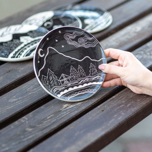 Ceramic Dinner Plate, Hand-craved Dinnerware, Housewarming Gift Idea, Landscape Plates