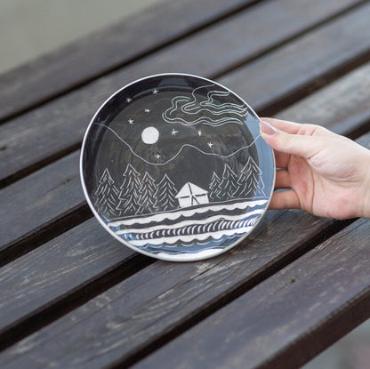 Ceramic Dinner Plate, Hand-craved Dinnerware, Housewarming Gift Idea, Landscape Plates