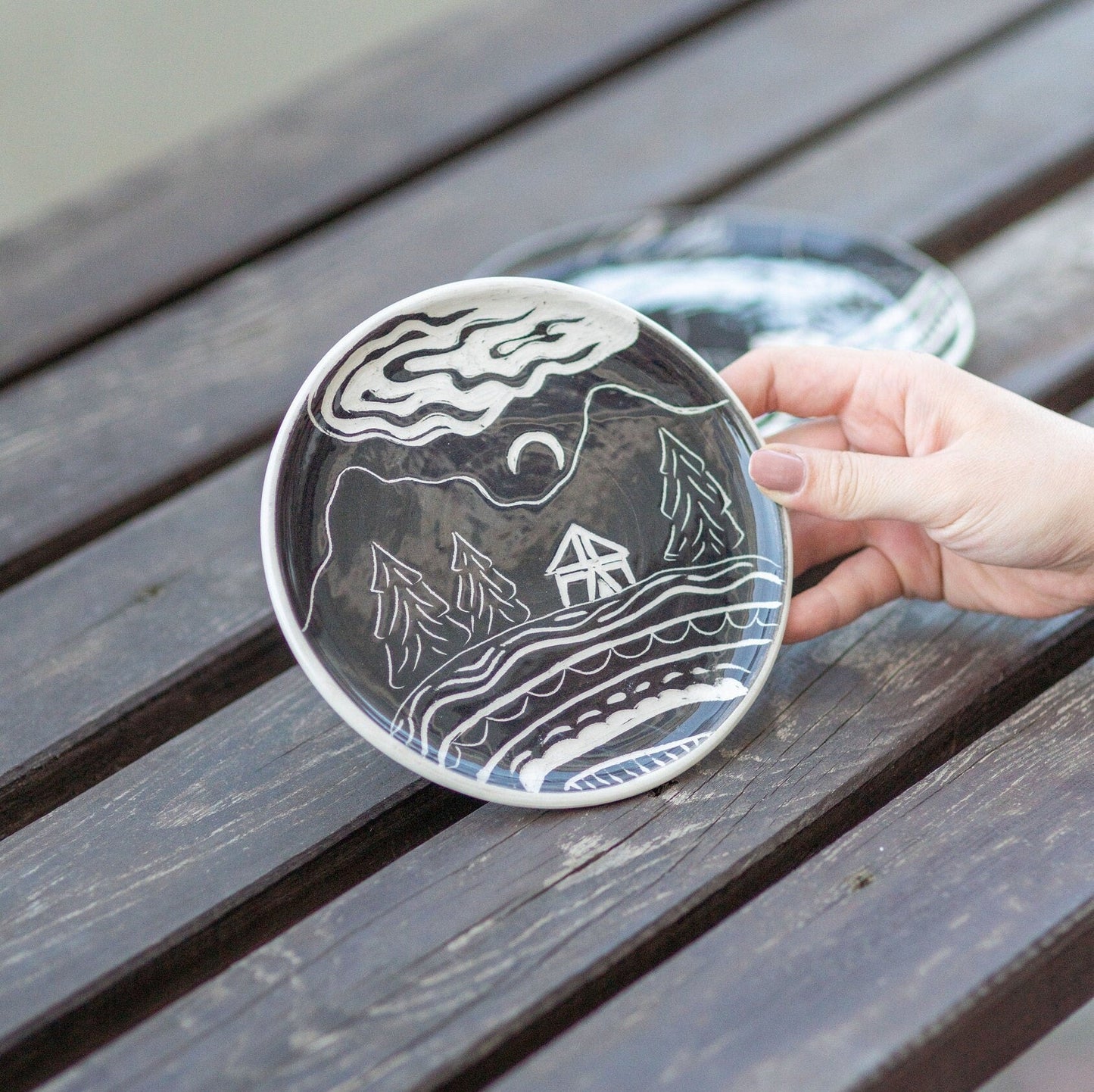 Ceramic Dinner Plate, Hand-craved Dinnerware, Housewarming Gift Idea, Landscape Plates