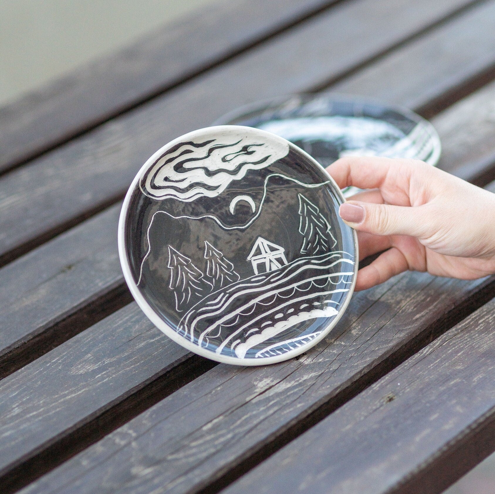 Ceramic Dinner Plate, Hand-craved Dinnerware, Housewarming Gift Idea, Landscape Plates