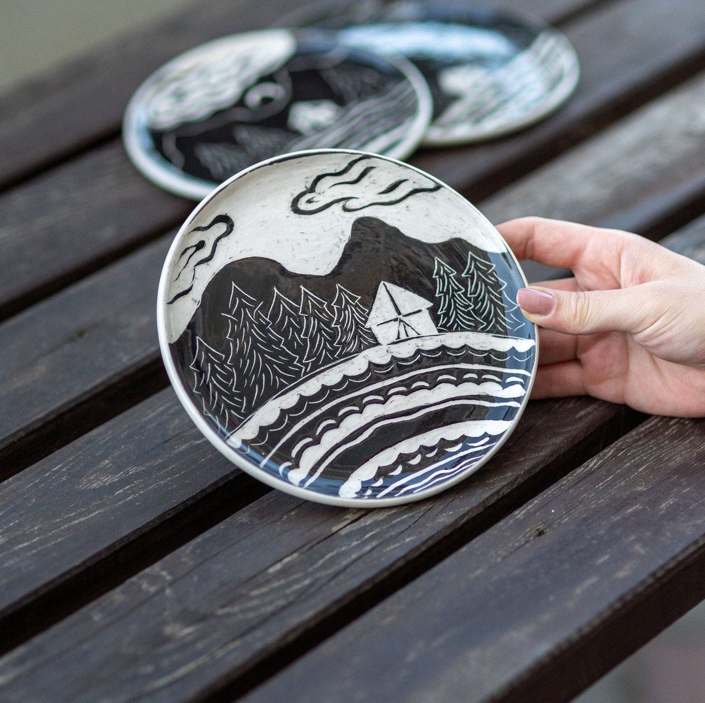 Ceramic Dinner Plate, Hand-craved Dinnerware, Housewarming Gift Idea, Landscape Plates