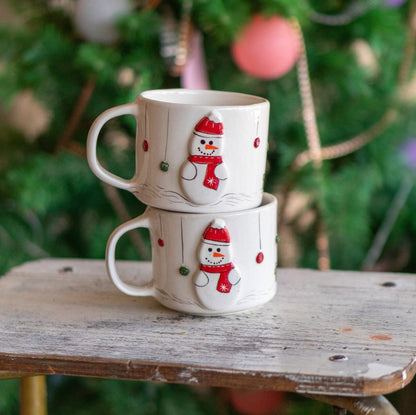 Christmas Coffee Mug - Snowman and Christmas Tree, Handmade Ceramic Mug
