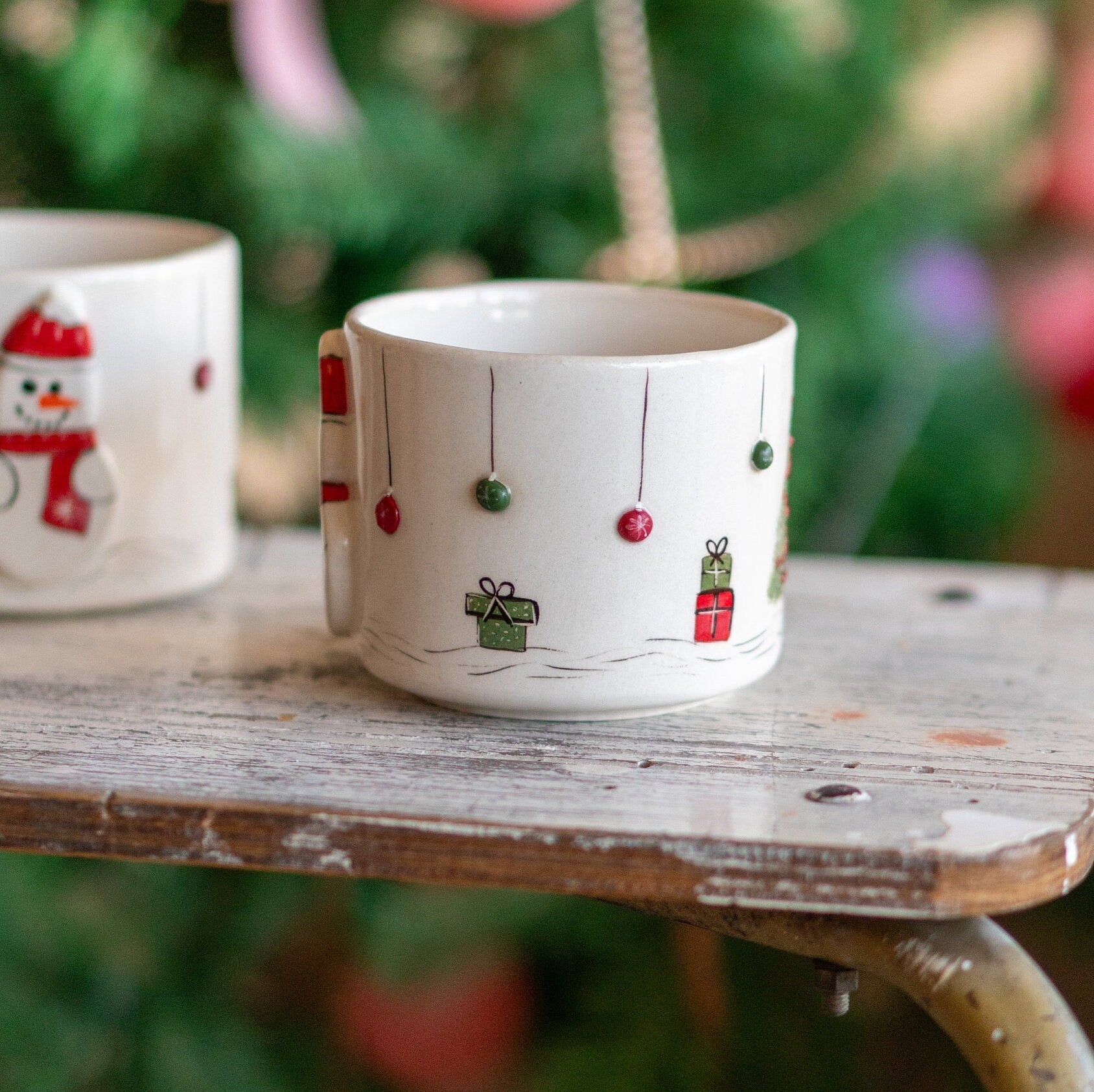 Christmas Coffee Mug - Snowman and Christmas Tree, Handmade Ceramic Mug