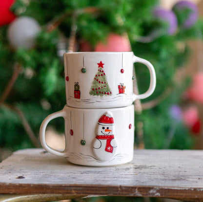Christmas Coffee Mug - Snowman and Christmas Tree, Handmade Ceramic Mug