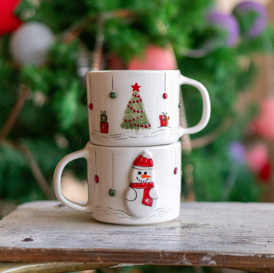 Christmas Coffee Mug - Snowman and Christmas Tree, Handmade Ceramic Mug