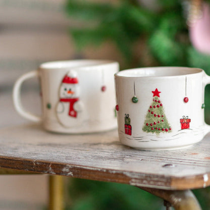 Christmas Coffee Mug - Snowman and Christmas Tree, Handmade Ceramic Mug