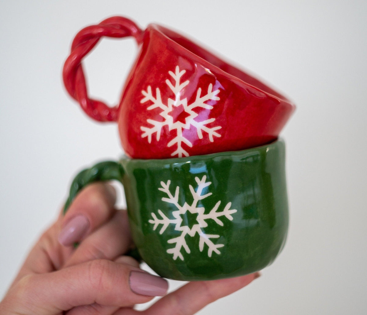 Christmas Gift Pottery Coffee Mug Tea Cup, Snowflake Decorated Mug Set