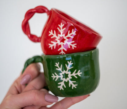 Christmas Gift Pottery Coffee Mug Tea Cup, Snowflake Decorated Mug Set