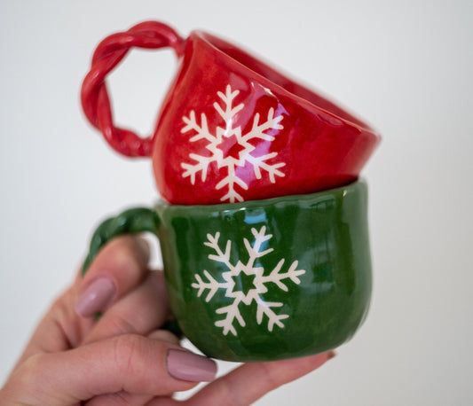 Christmas Gift Pottery Coffee Mug Tea Cup, Snowflake Decorated Mug Set
