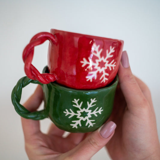 Christmas Gift Pottery Coffee Mug Tea Cup, Snowflake Decorated Mug Set