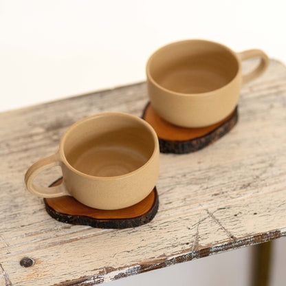 Coffee Cup Tea Cup and Wooden Sacuer, Stonware Mug Set, Handmade Tea Set
