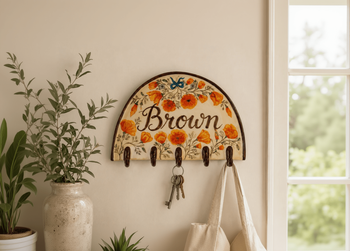 Custom Name Ceramic Key Holder | Floral Wall Hooks