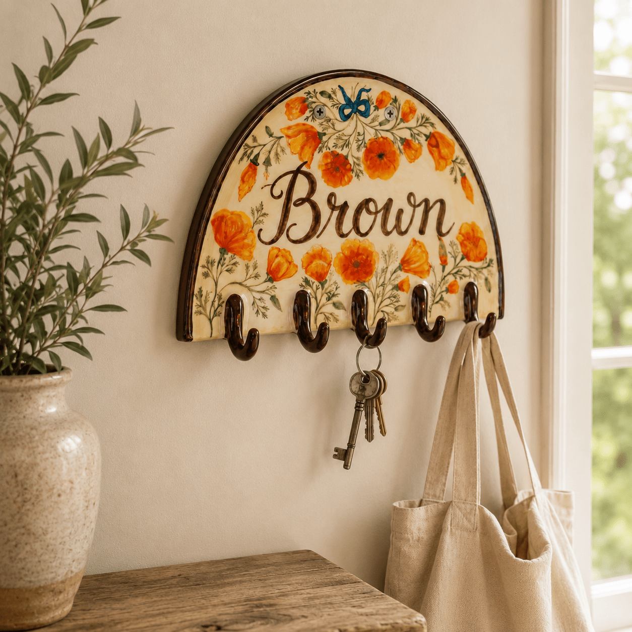 Custom Name Ceramic Key Holder | Floral Wall Hooks