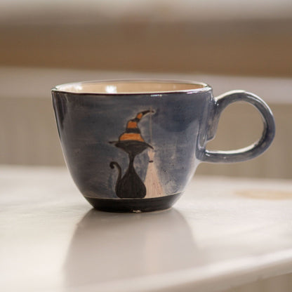 Cute Cat Mug - Witch Cat, Black Cat Pottery Mug, Halloween Gift Mug