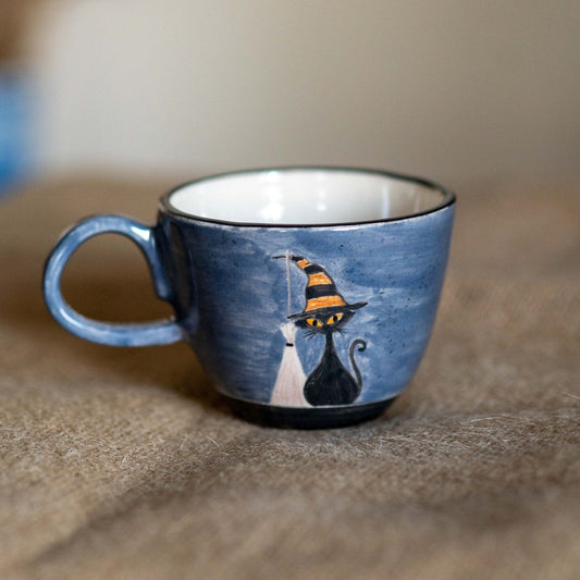 Cute Cat Mug - Witch Cat, Black Cat Pottery Mug, Halloween Gift Mug