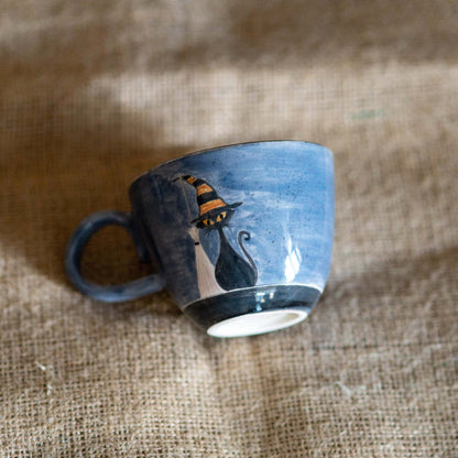 Cute Cat Mug - Witch Cat, Black Cat Pottery Mug, Halloween Gift Mug