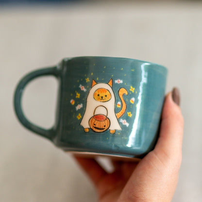 Cute Halloween Mug - Cat Mug, Handmade Ceramic Mug, Black Cat and Pumpkin Mug, Ghost Cat Funny Mug