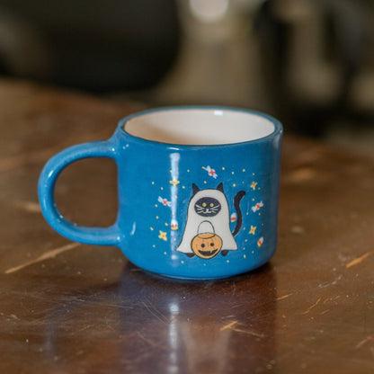 Cute Halloween Mug - Cat Mug, Handmade Ceramic Mug, Black Cat and Pumpkin Mug, Ghost Cat Funny Mug