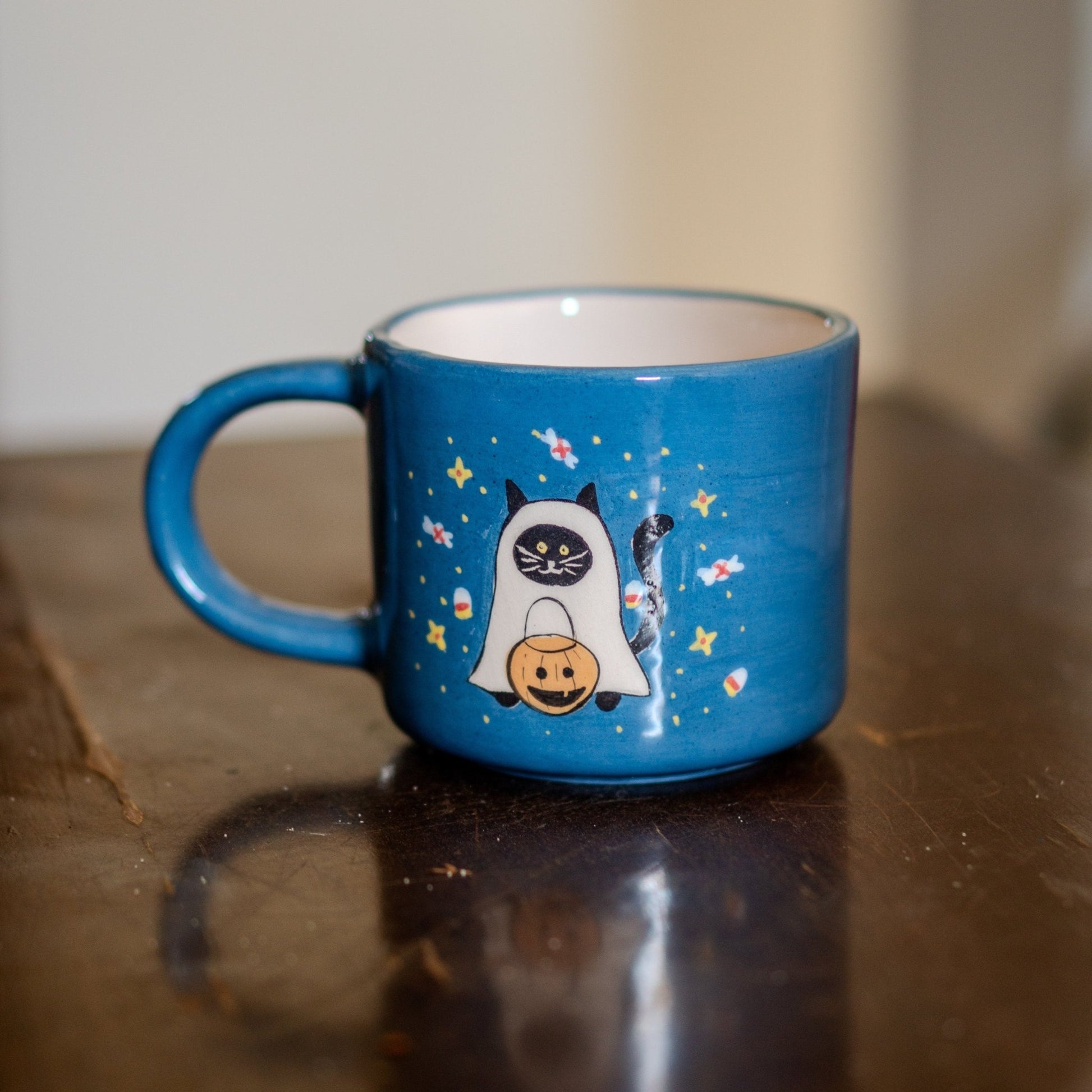 Cute Halloween Mug - Cat Mug, Handmade Ceramic Mug, Black Cat and Pumpkin Mug, Ghost Cat Funny Mug