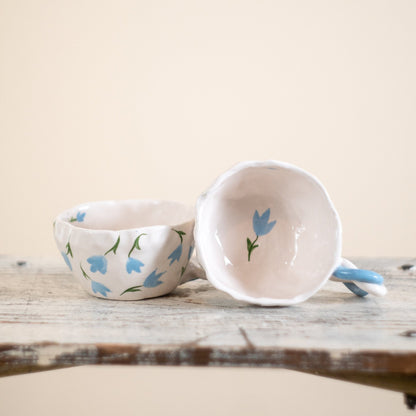 Espresso Cup Set, Handmade Blossom Coffee Cup - Blue Flower Ceramic Mug - Unique Gift - Elegant Kitchenware - Artisan Drinkware