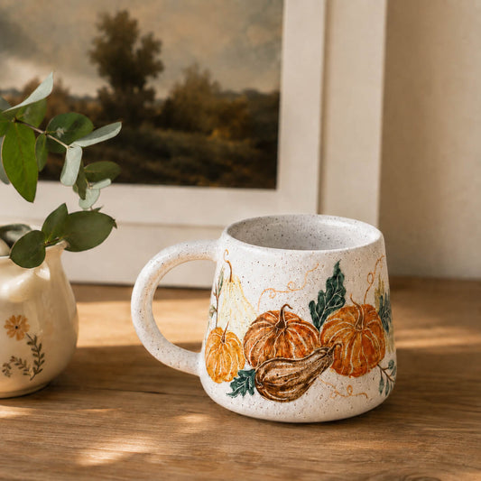A speckled ceramic mug with a hand-painted autumn design of pumpkins and gourds, sitting on a wooden table next to a small potted plant.