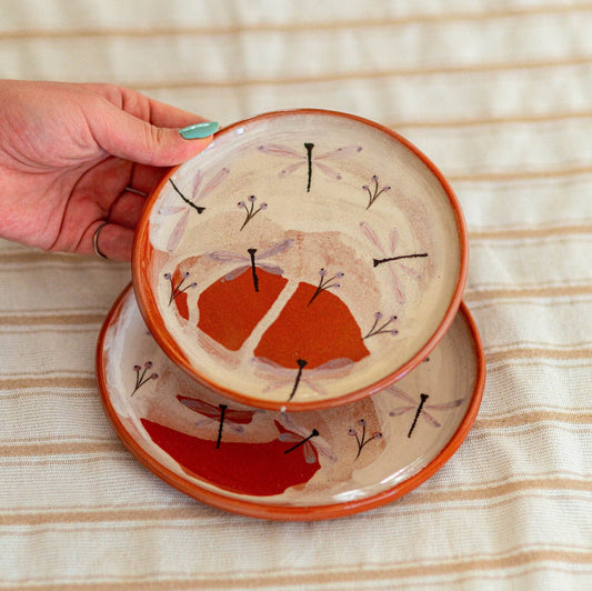 Floral Dinnerware Set, Terracotta Pottery Dinnerware, Dragonfly Pattern