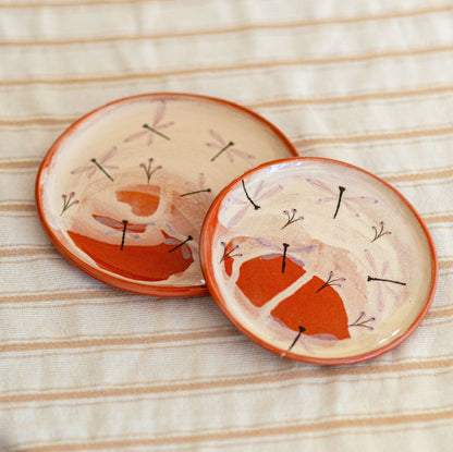 Floral Dinnerware Set, Terracotta Pottery Dinnerware, Dragonfly Pattern