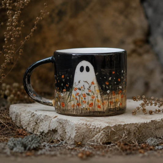 A black ceramic mug with a white ghost illustration standing in a field of orange flowers, displayed on a stone slab with dried plants in a rustic outdoor setting.