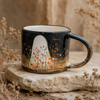 Handmade ceramic mug with a glossy black exterior and a hand-painted white ghost standing among orange wildflowers, displayed on a stone slab with dried botanicals.