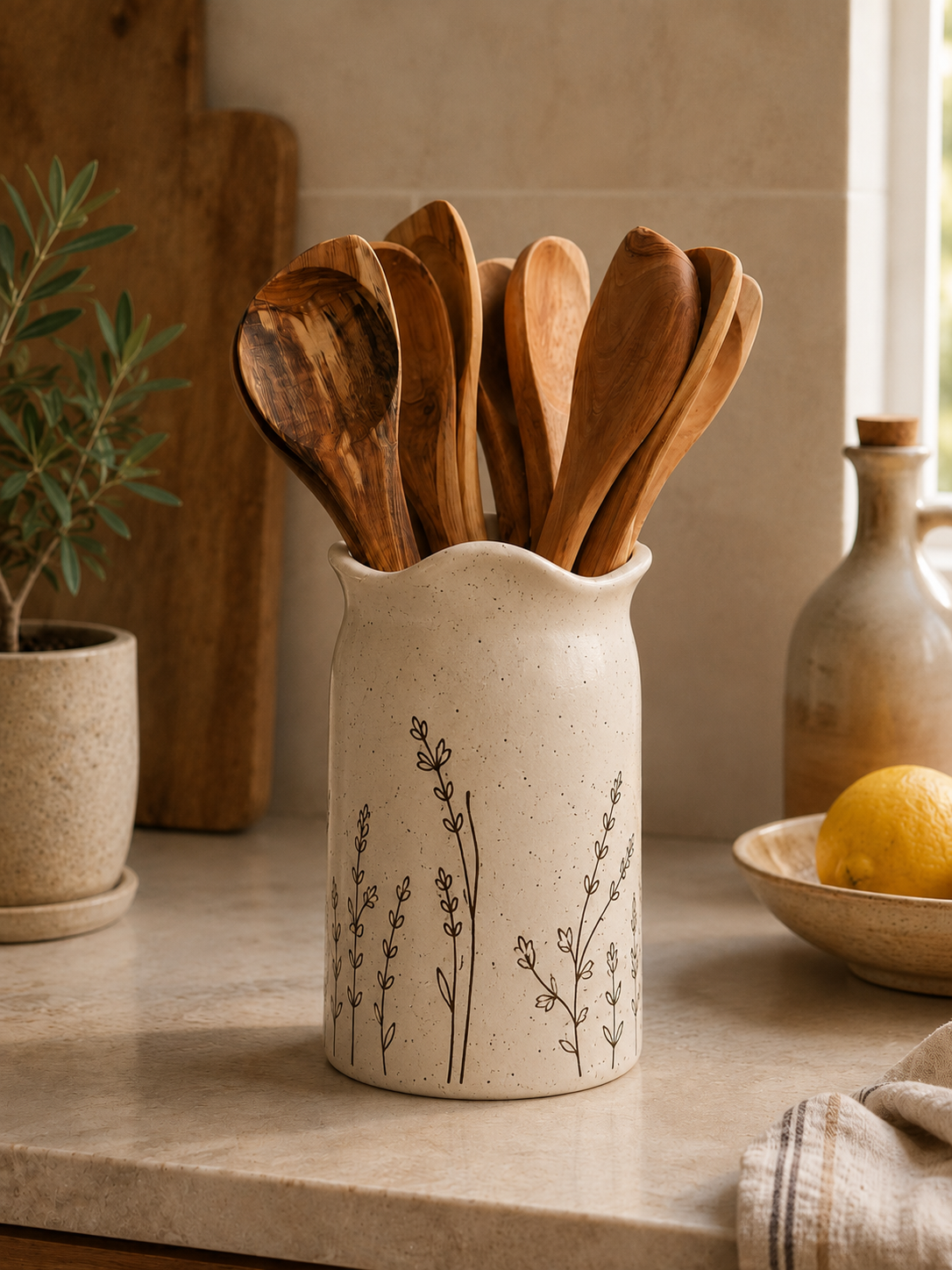 Wildflower ceramic utensil holder with scalloped rim holding olive wood spoons on a kitchen countertop