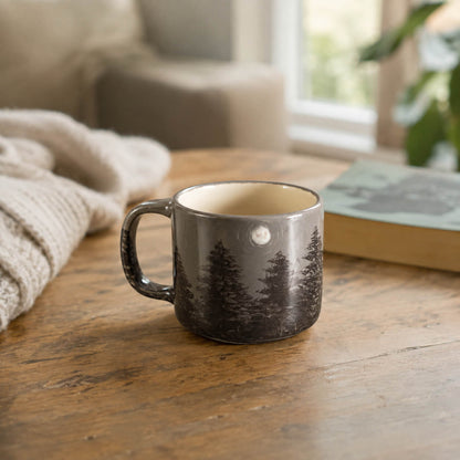 A dark gray ceramic mug with a hand-painted black pine forest design, sitting on a rustic wooden table in a cozy, softly blurred living room setting.