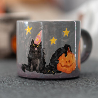 Funny Cats Halloween Mug, Pumpkin Coffee Mug, Pottery Ceramic Mug