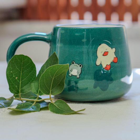 Funny Frog and Duck Summer Mug: Handmade Ceramic Coffee Cup