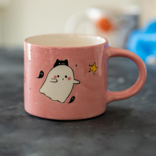 Ghost and Cat Mug - Cute Halloween, Handmade Ceramic Mug, Cute Witch Ghost