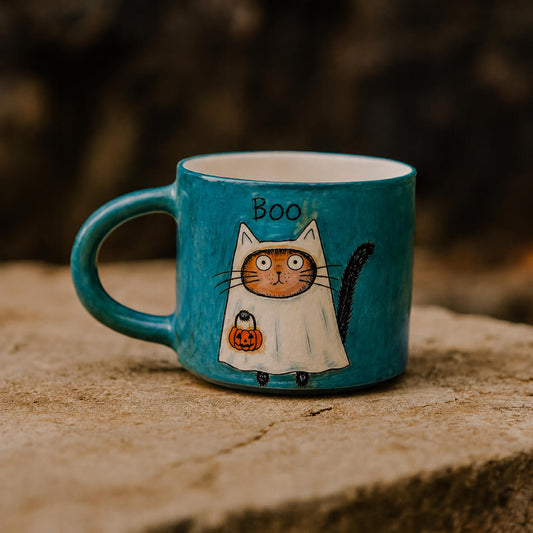 Boo Ghost Cat Mug – Hand-Painted Teal Ceramic Halloween Coffee Mug