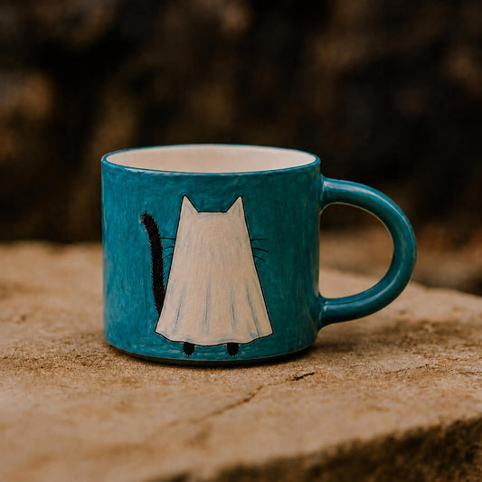 Boo Ghost Cat Mug – Hand-Painted Teal Ceramic Halloween Coffee Mug