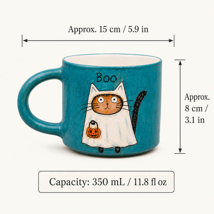 Boo Ghost Cat Mug – Hand-Painted Teal Ceramic Halloween Coffee Mug