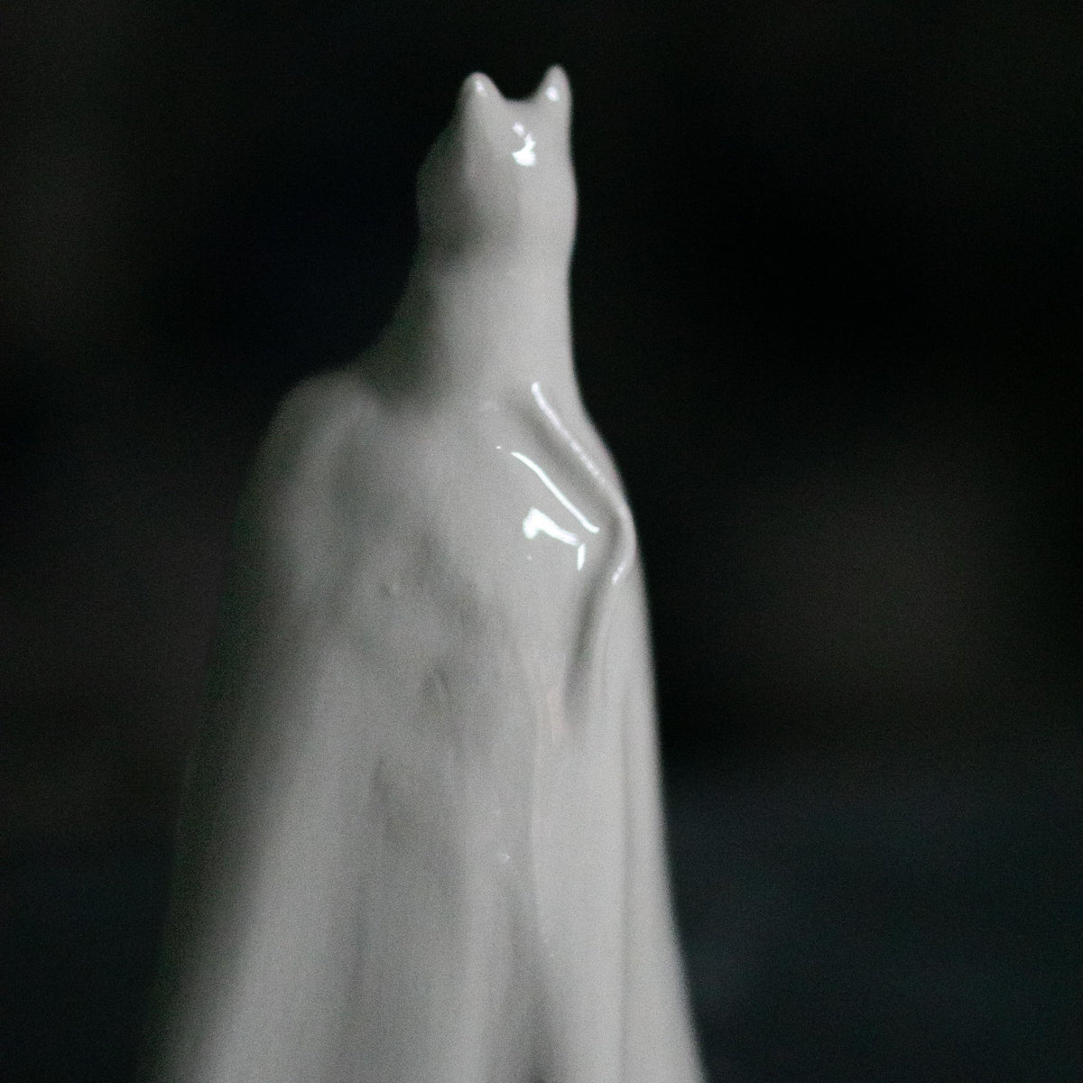 Handmade ceramic ghost cat incense burner in white, shown from the front with its hooded ghost body and cat-shaped head.