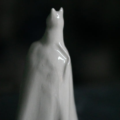 Handmade ceramic ghost cat incense burner in white, shown from the front with its hooded ghost body and cat-shaped head.