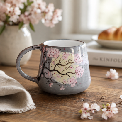 A gray ceramic mug with a pink cherry blossom branch pattern, set on a wooden table with a blurred background of flowers, a book, and a croissant.