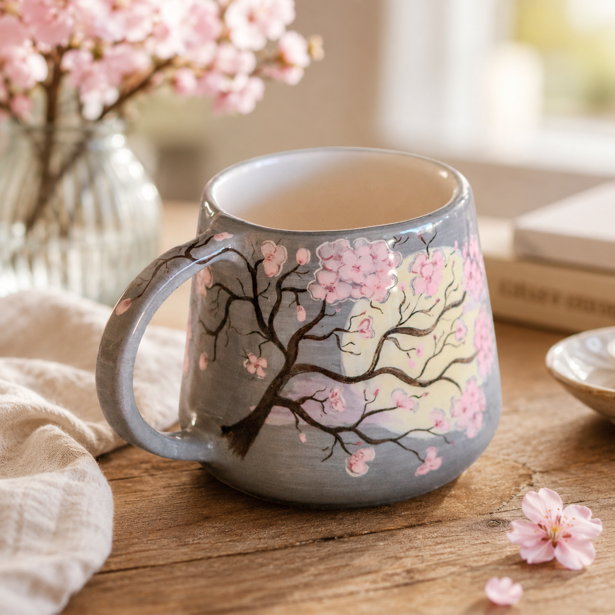 A gray ceramic mug decorated with a hand-painted cherry blossom tree in pink and brown, set on a rustic wooden table with a blurred background of pink flowers and books.