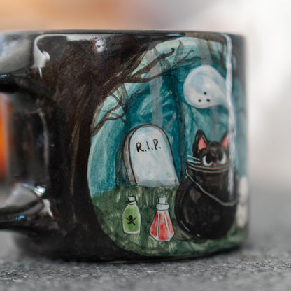 Halloween Black Cat Mug - Hand-Painted Ceramic Mug with Ghost and Potion Design, Spooky Witch Cauldron Coffee Cup, Halloween Decor