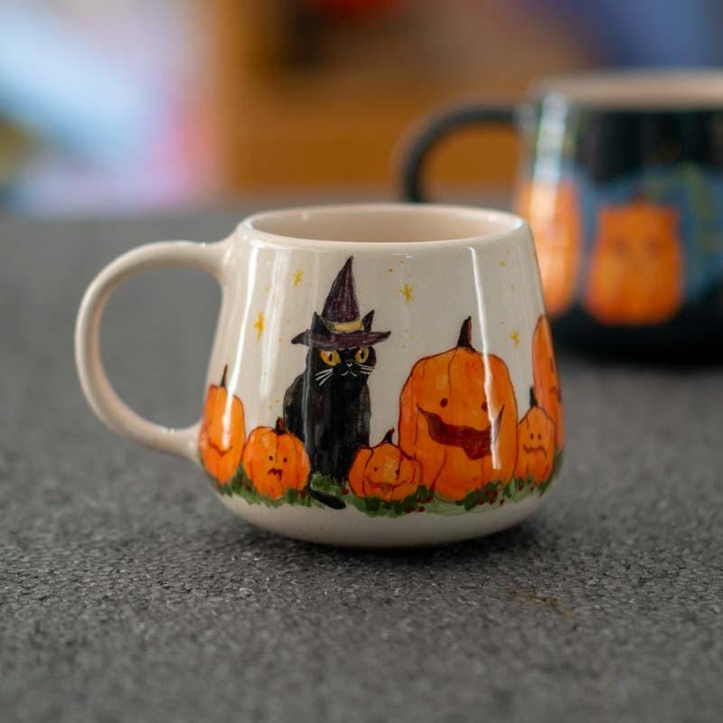 Halloween Cat Mug, Black Cat with Witch Hat and Pumpkins, Spooky Fall Decor