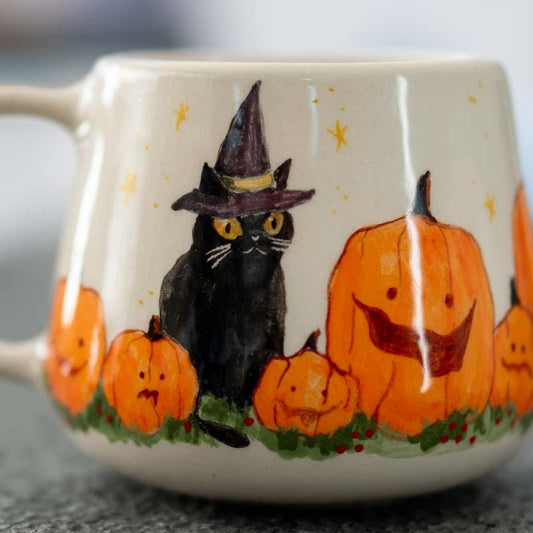 Halloween Cat Mug, Black Cat with Witch Hat and Pumpkins, Spooky Fall Decor