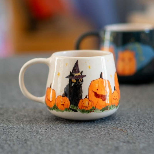 Halloween Cat Mug, Black Cat with Witch Hat and Pumpkins, Spooky Fall Decor