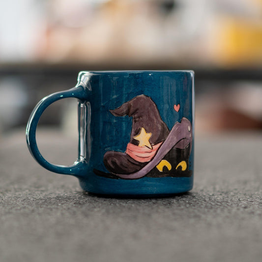 Halloween Cat Mug - Witch Hat Ceramic Coffee Mug, Spooky Hand-Painted Cup, Cute Halloween Gift, Handmade Pottery for Cat Lovers