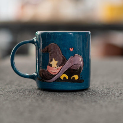 Halloween Cat Mug - Witch Hat Ceramic Coffee Mug, Spooky Hand-Painted Cup, Cute Halloween Gift, Handmade Pottery for Cat Lovers