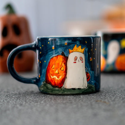 Crowned Ghost & Jack-o'-Lantern Halloween Mug, 13.5 oz