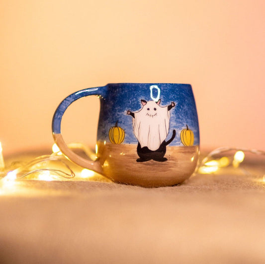 Halloween Mug, Black Cat Funny Coffee Mug, Handmade Ceramic Coffee Cup